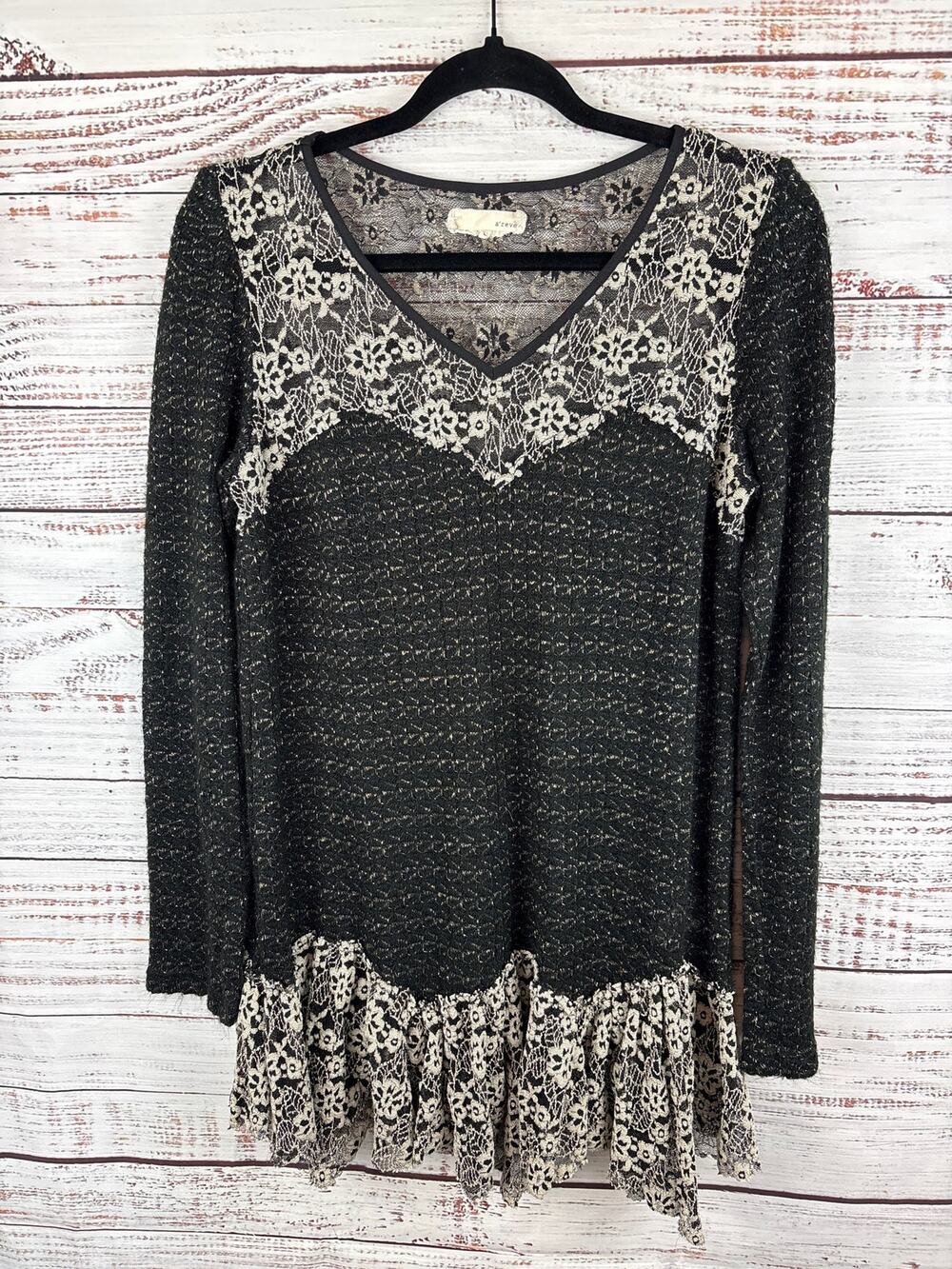 Areve Anthropologie Black Cream Lace Flowy Ruffle Tunic Top Boho Fairy Womens L